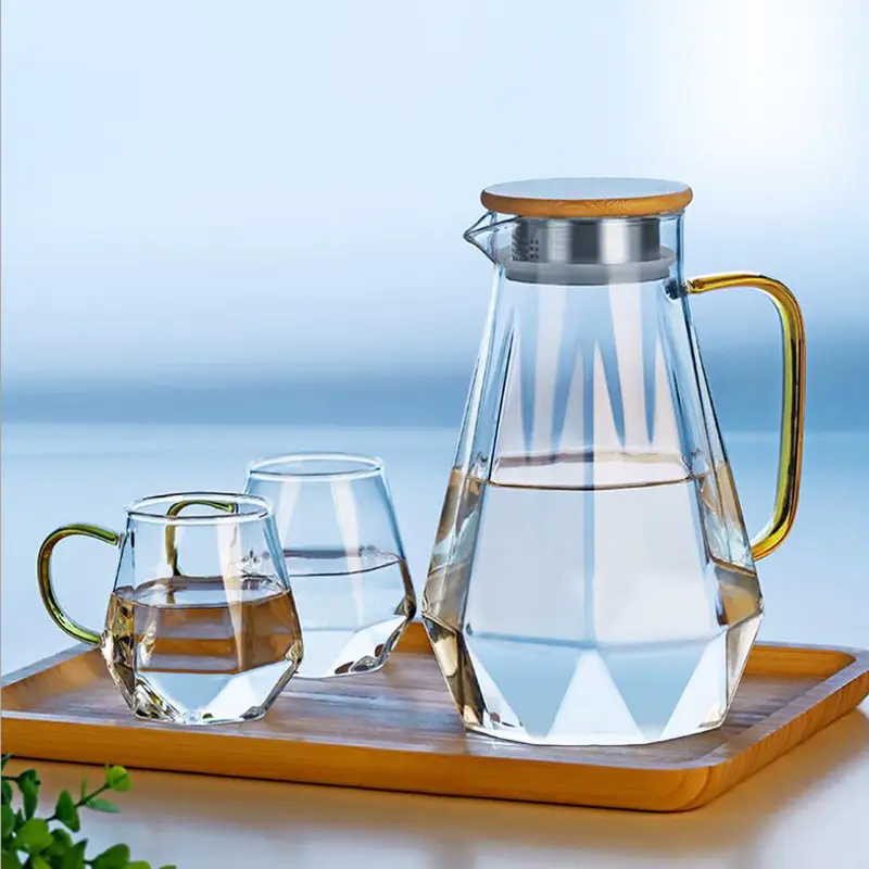 lower price high quality borosilicate ice cold glass water kettle 2L with handle and gold metal lid set