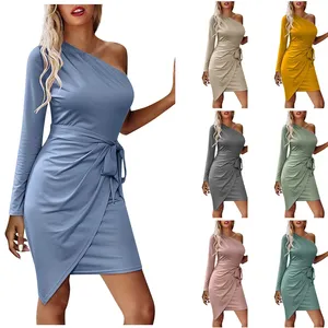 Wholesale 2024 Women's Clothing Party Pleated Dress Long Sleeve Women's Dresses Ladies Long Dress With Belt