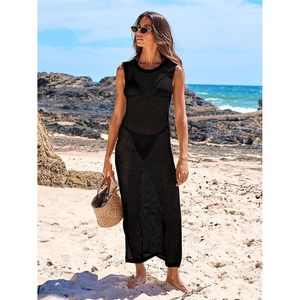 Womens Sleeveless Hollow <b>Knit</b> Swim Cover Up Crew Neck Bodycon Beach Dress Spandex Nylon <b>Tight</b> Waist Long Length - Product Image 2