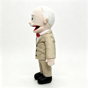 Marioneta de Mano de Peluche de Abuelo Anciano con Boca Móvil, Traje Beige de Ventriloquista, Lazo Rojo, Accesorios de Cumpleaños, Malla - Product Image 2