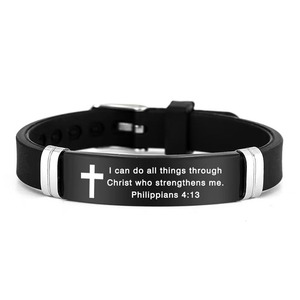 Venta al por mayor personalizado grabado versículos de la Biblia Acero inoxidable ID <span class=keywords><strong>Bar</strong></span> pulseras ajustable silicona deportes pulsera para regalos <span class=keywords><strong>cristianos</strong></span> - Product Image 6