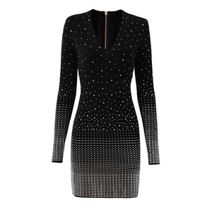 Automne hiver élégant Ins robe de Style chaud pour les soeurs européennes américaines transfrontalière Offre Spéciale nouveau Mature chaud strass solide - Product Image 1