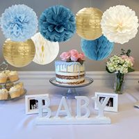 Fleurs en papier bleu poussière, or champagne, beige, pompons en papier, lanternes en nid d'abeille, décorations pour anniversaire, mariage, fête prénuptiale