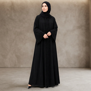 Black Modest Abaya Floor Length Long Sleeve High Neck Beaded Details Women's <b>Prayer</b> <b>Dress</b> Middle East Style Solid Polyester - Product Image 4
