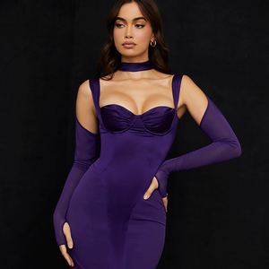 knee length dresses for ladies Vin Chaud Dark Purple Velvet Long-Sleeved Split Maxi Dress – Club L London main image 0