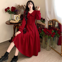Robe midi élégante vintage à manches longues avec col Claudine et détail nœud pour l'automne, grandes tailles