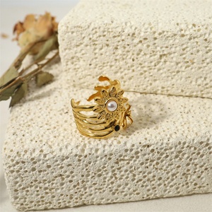 Non Tarnish Gold Plated Cuff Finger <b>Rings</b> Women Shell Pearl Charm Sunflower <b>Ring</b> - Product Image 5