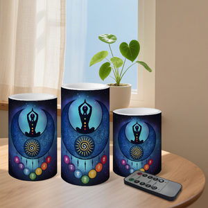 Juego <span class=keywords><strong>de</strong></span> 3 Velas LED sin Llama para Meditación <span class=keywords><strong>de</strong></span> <span class=keywords><strong>los</strong></span> <span class=keywords><strong>Siete</strong></span> Chakras con Control Remoto, Velas Decorativas Personalizadas para Yoga Espiritual, OEM ODM - Product Image 1