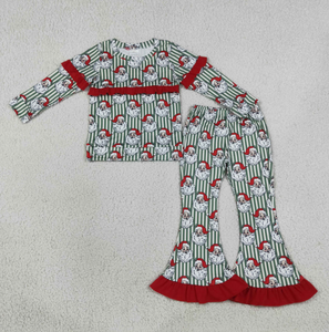 Ensemble pyjama pour filles à rayures bleues et blanches, imprimé Père Noël, haut à manches longues à volants, pantalon évasé à volants, vêtements de détente pour enfants - Product Image 6