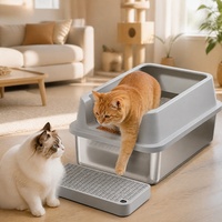 Bac à litière pour chat extra-large en acier inoxydable avec pédale anti-adhésive, bords hauts, design ouvert, anti-éclaboussures et capacité de 65 L