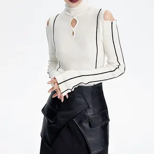 OUDINA New Winter Line Decoration Turtleneck Hollow Women Shirts Blouses And Tops Knitted Tops