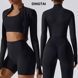 New Arrival Summer Women 4pcs Long Sleeve Set Fitness Yoga Short Sports Workout Jacket Loose Gym Bra Short Set