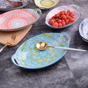 China manufacturing Ceramic oval plate with ears Baking dish Bohemian style and creative retro pattern two-ear ceramic plate