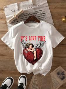 T-shirt stampata con motivo Cupido per San Valentino, da donna, a maniche corte, girocollo, casual, con design a cuore con paillettes, 100% cotone - Product Image 3