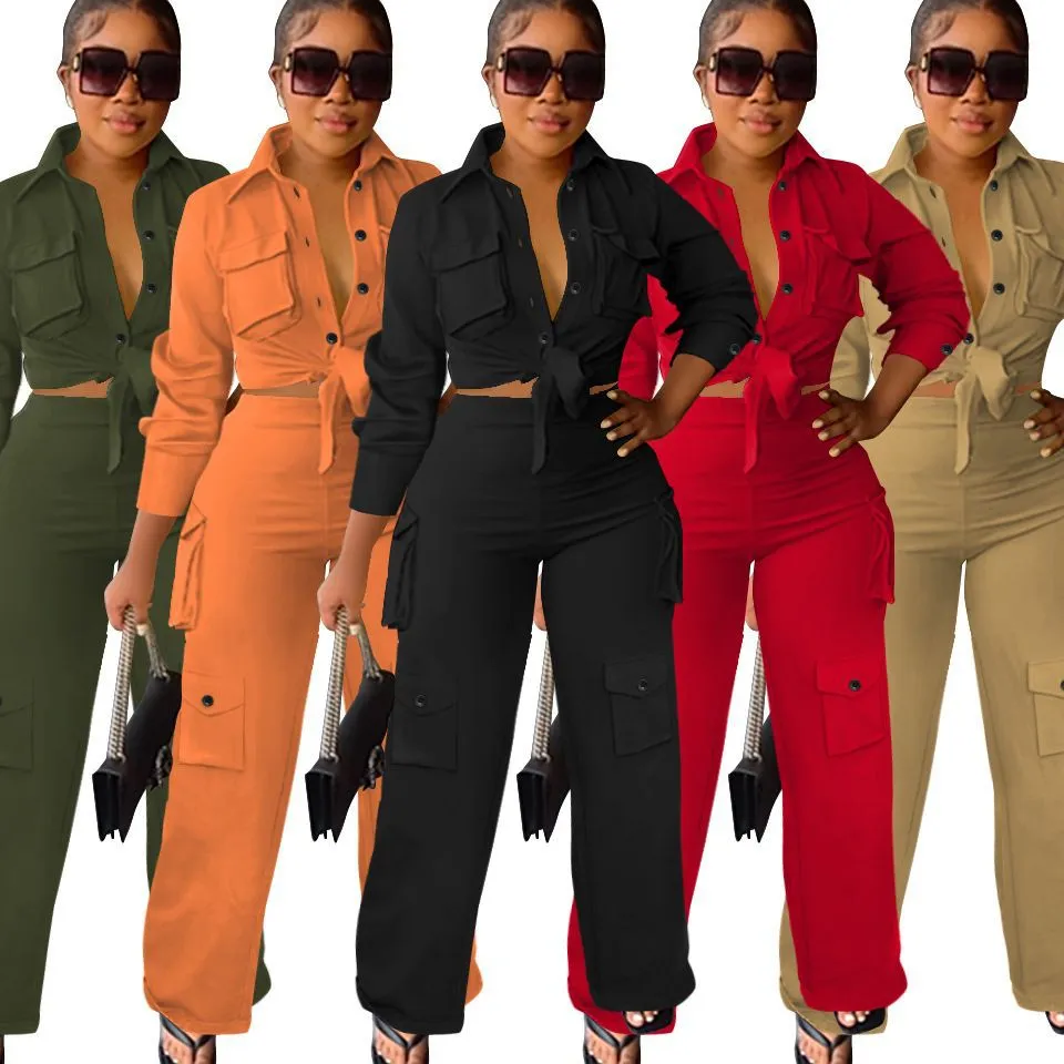 MXN 8370 Autumn winter long sleeved pants pocket work suit wide leg solid color sexy two-piece set for women