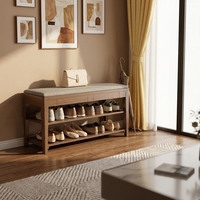 Banc à chaussures portable en bois massif, style moderne du milieu du siècle, avec coussin, tiroir dissimulé et rangement à 2 niveaux pour entrée, buanderie, couloir