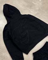 Survêtements en strass de haute qualité, ensemble deux pièces personnalisé avec sweat à capuche zippé surdimensionné et pantalon de jogging, survêtement noir brodé