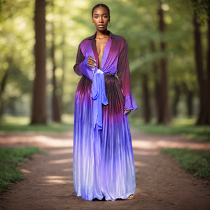 Ensemble 2 pièces pour femmes, de haute qualité, couleur dégradée automnale, manches évasées à lacets, tendance - Product Image 2