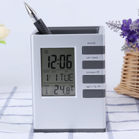 Digitaler LCD-Bildschirm Temperaturanzeige Tischuhr Stifthalter Kalender Schlummerfunktion Schreibtisch-Organizer Büro Geschenk