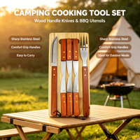 Ensemble de 10 couteaux à steak et fourchettes en acier inoxydable avec manche en bois, planche à découper en pin, pour le camping en plein air, le barbecue et la cuisine