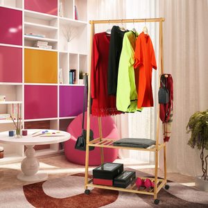 Giá Treo Quần Áo Bằng Tre Gắn Bánh Xe, Giá Cuốn Quần Áo Với Kệ Đựng Đồ 2 Tầng Và 4 Móc Treo Áo Cho Giày, Quần Áo - Product Image 4