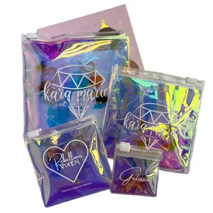 Eco friendly small medium pvc hologram mylar laser plastic zipper bag branded logo for jewelry earring bracelet ziplock pouch