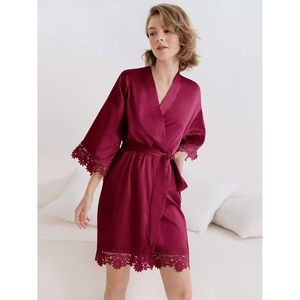 Bata de seda corta para mujer, estilo kimono, con cuello en V, manga farol, encaje satinado, para dormir, fiesta de bodas, dama de honor - Product Image 5