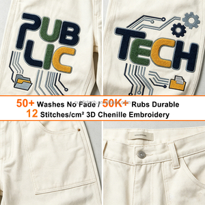 Pantalones de Pierna Recta de Sarga 100% Algodón para Hombre, Personalizados, con Bordado Gráfico de Chenilla, Blancos, Casuales, Fabricante de Ropa OEM - Product Image 2