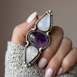 Moonstone Amethyst 925 <b>Solid</b> Sterling <b>Silver</b> Gemstone Statement Ring Bezel Setting Adjustable for Party Wear Women's Unisex - Product Image 3