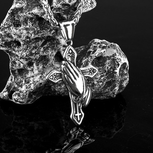 yunnique Stainless Steel <b>Cross</b> Pendant Necklace Men Prayer Hands Design Fashion Jewelry Gift For Clothing Matching - Product Image 2