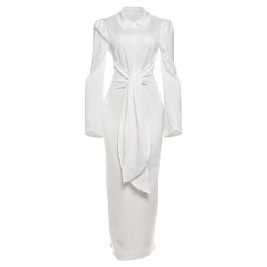 เดรสแฟชั่นผู้หญิงสีพื้น ดีไซน์หรูหรา คอปก ช่วงเอวเข้ารูป ผูกหลัง ซิปหน้า แขนยาว คอลเลคชั่นใหม่ประจำฤดูใบไม้ร่วง - Product Image 6