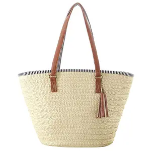 Pink Tote Style Purses For Women Round Wrist Bag Weaven Kits Bags Boho Summer Striped Shoulder Vacation Straw Beach