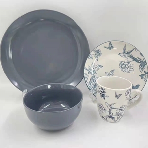 Servizio da tavola in porcellana vintage <span class=keywords><strong>blu</strong></span>, bianco e grigio con uccelli e <span class=keywords><strong>peonie</strong></span>, stoviglie bicolore in stile Chinoiserie - Product Image 1