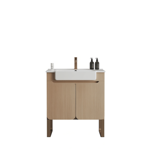 Mueble de baño moderno de 30 pulgadas en madera clara con lavabo de cerámica, montado en la pared, con gabinete de almacenamiento de dos puertas para baño. - Product Image 1
