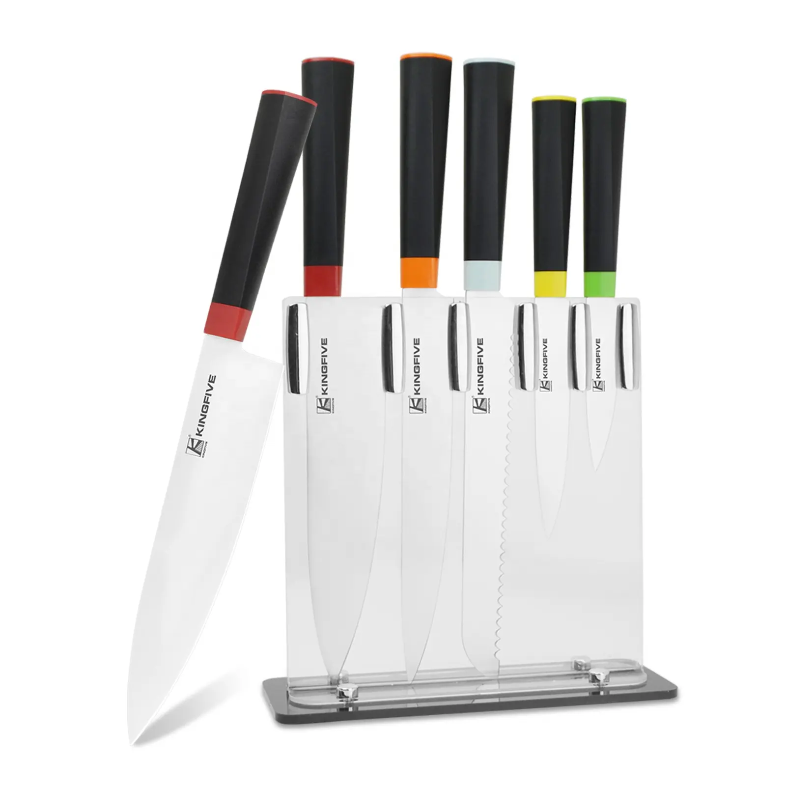 Kingfive Sharp Blade Plastic Kitchen Knife 5 Pcs Stainless Steel Chef Knife Set with Acrylic Stand