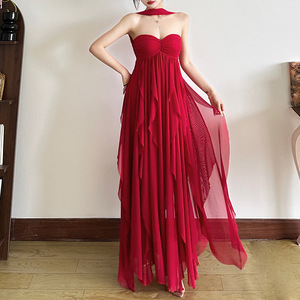 Robe longue en mousseline de soie à bretelles françaises, sexy, dos nu, irrégulière, à volants - Product Image 1
