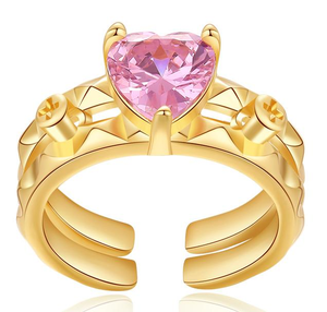 Bohemian Style Finger Jewelry 18K Gold Luxury Heart-Shaped Pink Zircon Decoration Women's <b>Open</b> <b>Ring</b> - Product Image 5