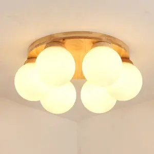 Lampu plafon bola kaca Nordic, lampu langit-langit untuk kamar tidur ruang tamu dekorasi Jepang dasar kayu