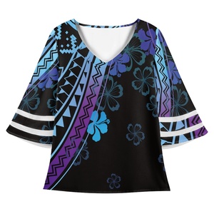 Camicetta in <span class=keywords><strong>Chiffon</strong></span> da <span class=keywords><strong>Donna</strong></span> Taglie Forti con Stampa Floreale Tribale Polinesiana Blu Hawaiano, Stile Vintage per Ufficio - Product Image 4
