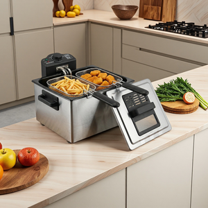 Friteuse électrique double panier 5,0 L, norme européenne, 2000W, <span class=keywords><strong>pour</strong></span> usage domestique, en acier inoxydable, avec commandes et bords lisses, facile à nettoyer - Product Image 1