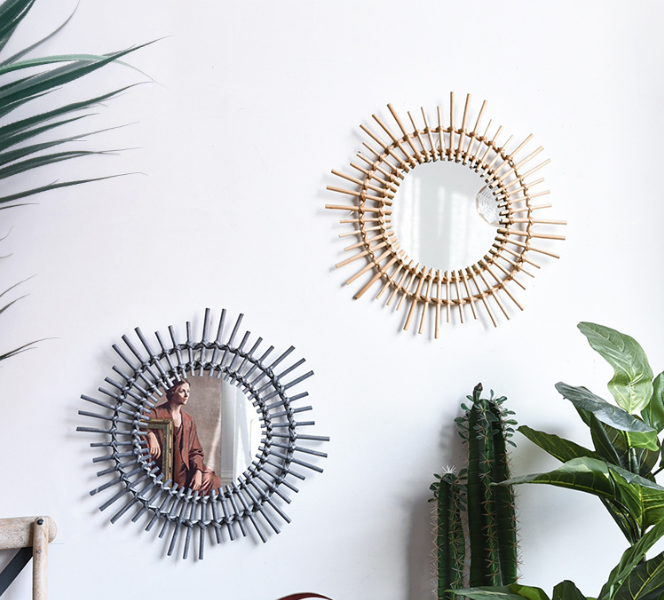Indonesian rattan dressing makeup mirror creative art decoration round mirror B&B living room porch wall hanging mirror