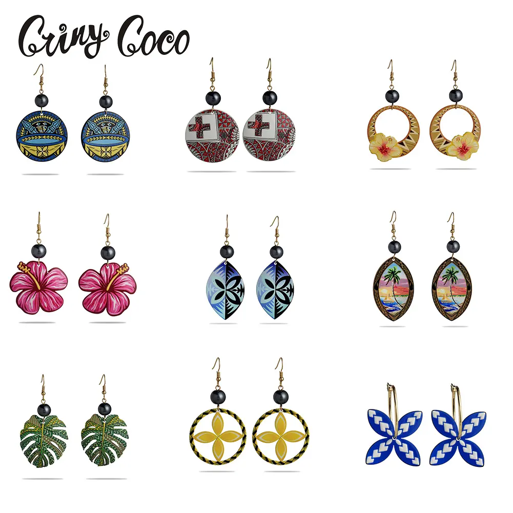 Cring CoCo Hawaiian jewelry Wholesale Green Round Pearl Flower Vintage Acrylic Earrings