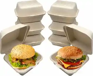 2024 Recipiente para comida takeaway em cor natural, caixa de papel para hambúrguer, bagaço de cana-de-açúcar, caixa para hambúrguer