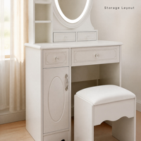 Coiffeuse moderne blanche avec miroir ovale éclairé, étagère latérale et tiroirs de rangement – Écologique pour appartement, chambre et salon