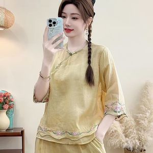 Traditional Chinese Embroidered Cotton Linen Top Women Loose Three Quarter Sleeve White Pink Yellow Purple JK346 - Product Image 4
