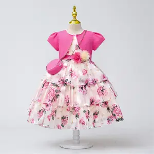 OEM ODM Custom 2pcs Set Girl Floral Print Design Party Gown Kids Princess Fancy Dress Children Flower Girl Dresses with Jacket