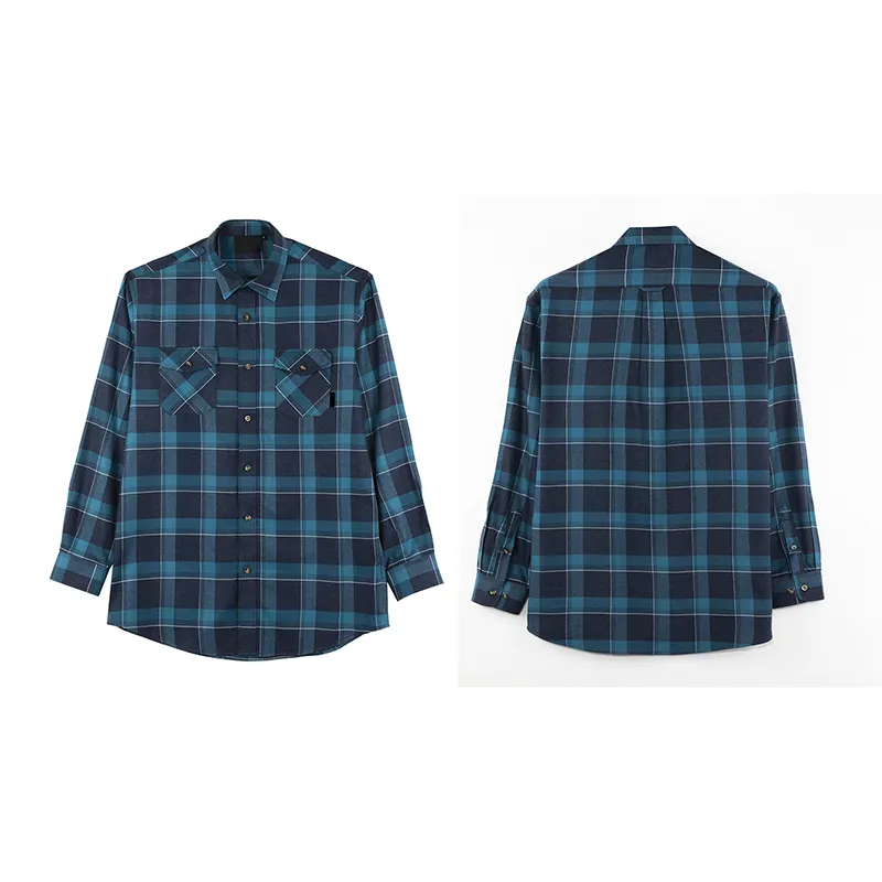 Professional clothing supplier custom pattern embroidered logo flannel plaid men shirt