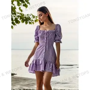Gaun bergaris Ruffle kotak-kotak ungu lengan Puff leher persegi Prancis musim panas gaun untuk wanita