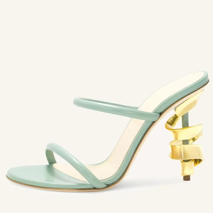 <b>Large</b> Size 45 Women's Irregular Gold Metal High Heels Mules Open Toe on Sandals Summer Double Straps Pumps Shoes - Product Image 2