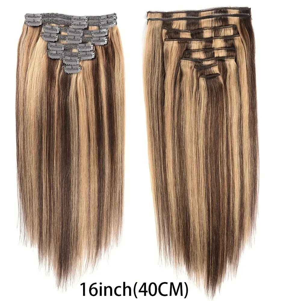 P4/27 Color Highlight Clip In Hair Extensions Human Hair Straight Hairpiece Natural Hair Extensions Full Head Clip In Natural